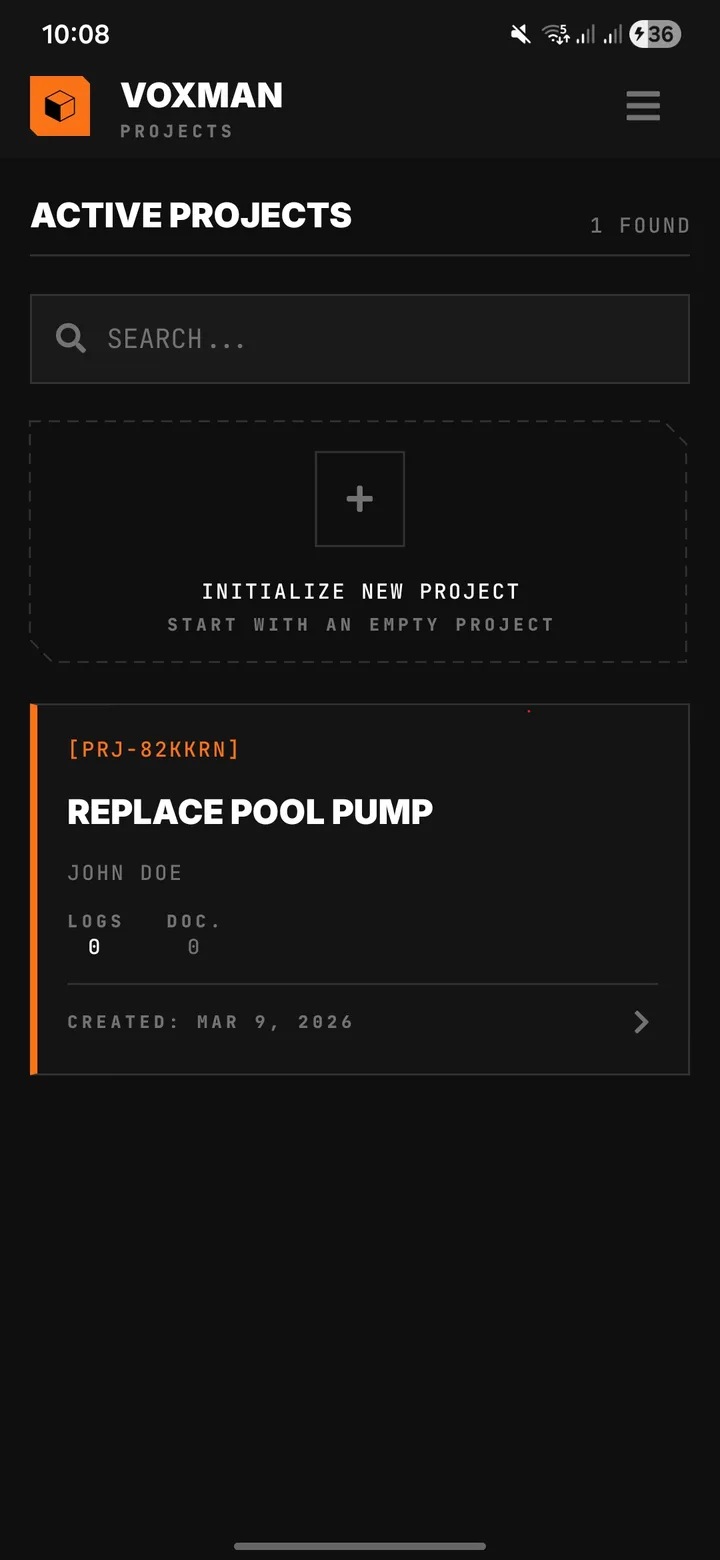 Voxman mobile app showing a contractor project, field logs, and generated documents.