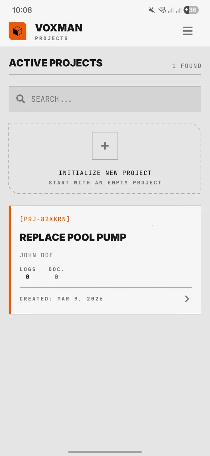 Voxman mobile app showing a contractor project, field logs, and generated documents.